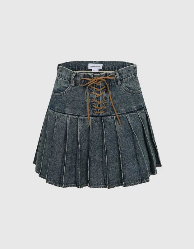 Pleated Mini Denim Skirt sold by Urban Revivo