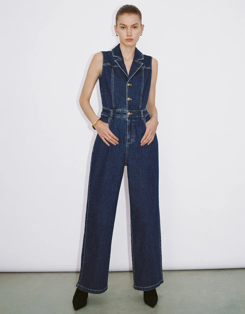 V-Neck Denim Jumpsuit With Belt sold by Urban Revivo