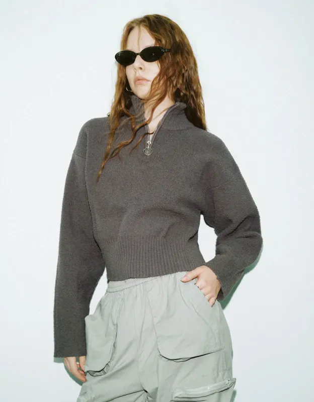 Zip Half Placket Stand Collar Knitted T-Shirt sold by Urban Revivo