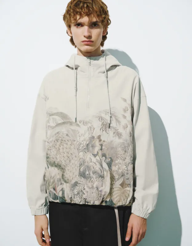 Zip Half Placket Printed Hooed Overhead Shirt sold by Urban Revivo