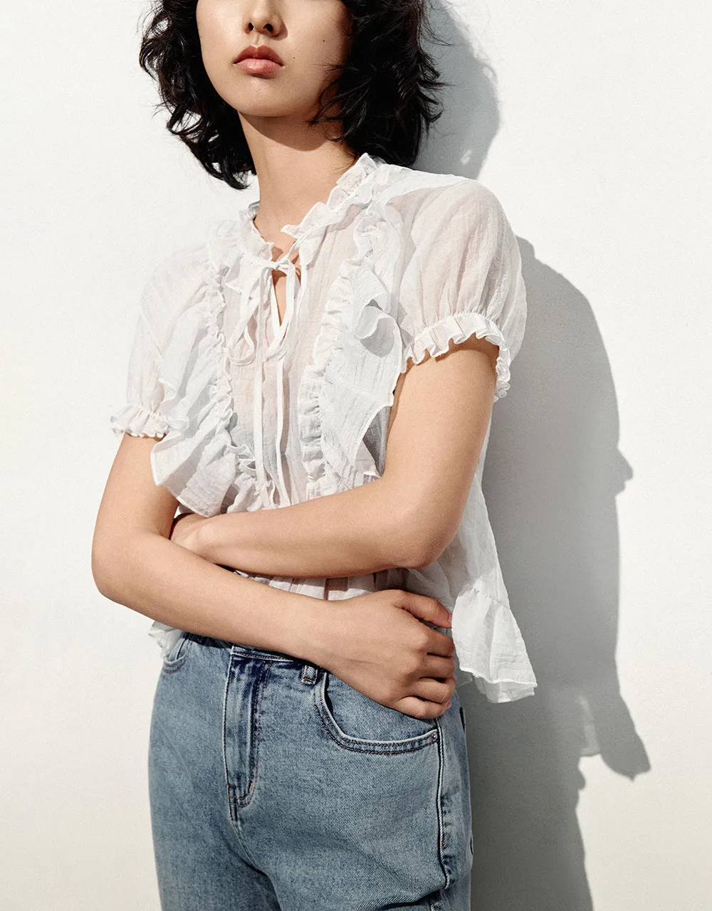 Ruffle Puff Sleeve V-Neck Blouse sold by Urban Revivo product image thumbnail 3