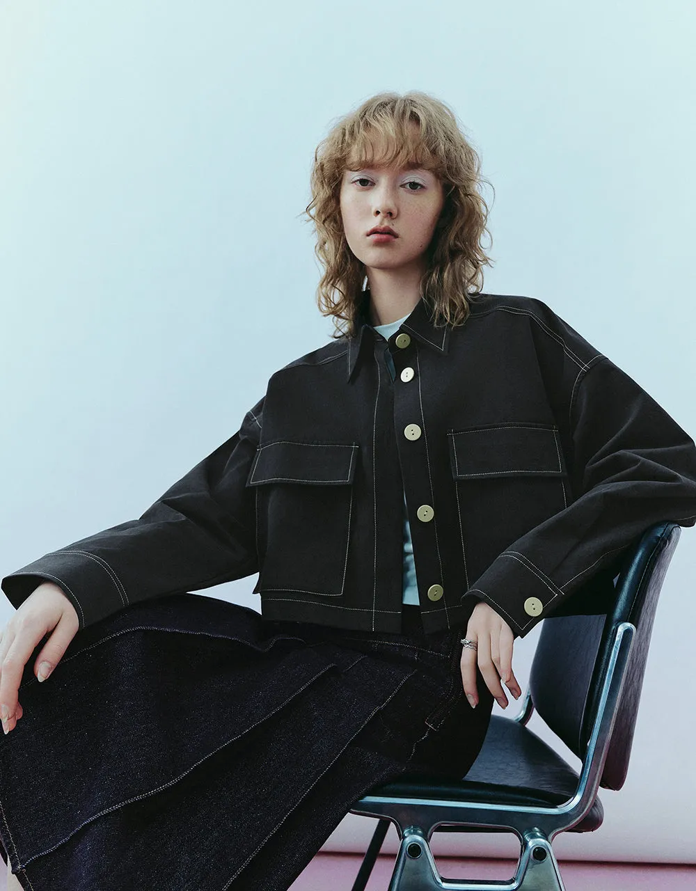 Drop Shoulder Sleeve Button Up A-Line Jacket sold by Urban Revivo product image thumbnail 3