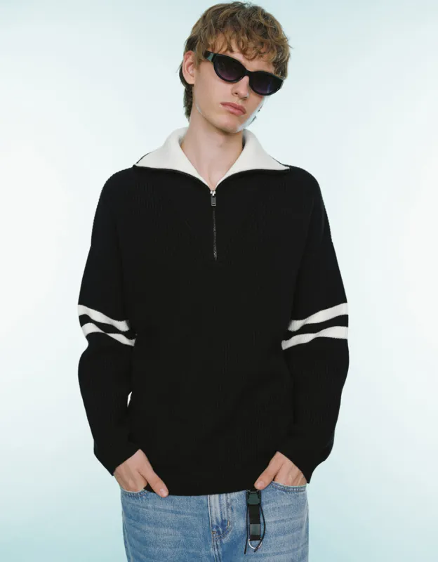 Zip Half Placked Knitted T-Shirt sold by Urban Revivo