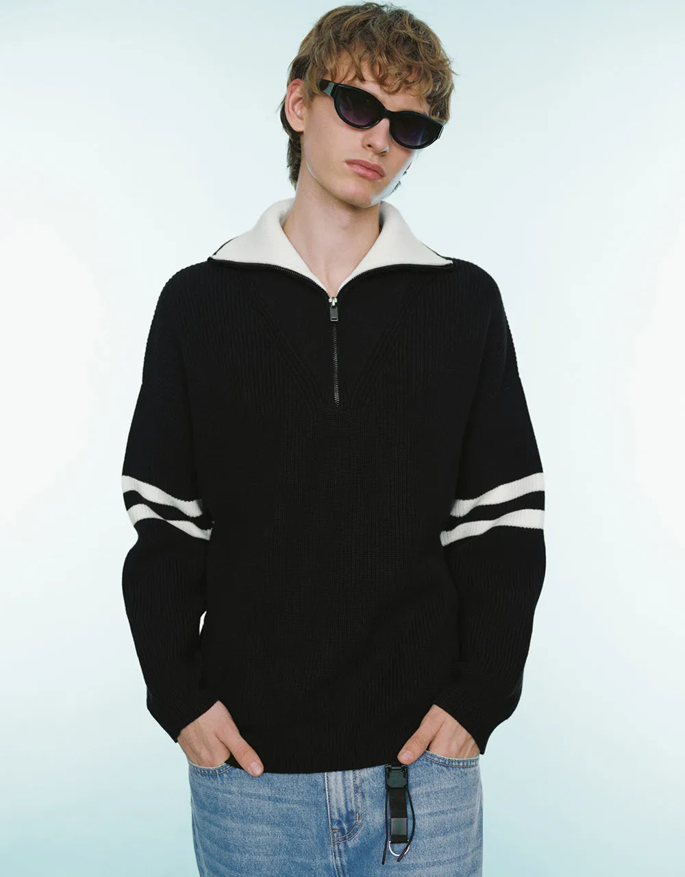 Zip Half Placked Knitted T-Shirt sold by Urban Revivo