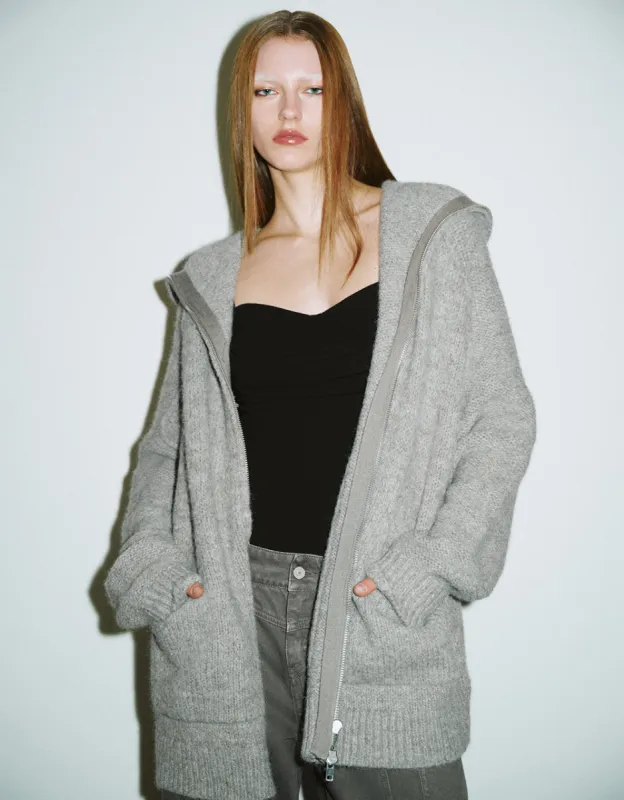 Zipper Front Hooded Knitted Cardigan sold by Urban Revivo