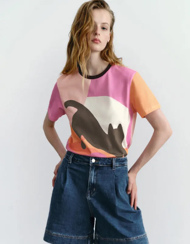 Cat Printed Crew Neck T-Shirt sold by Urban Revivo