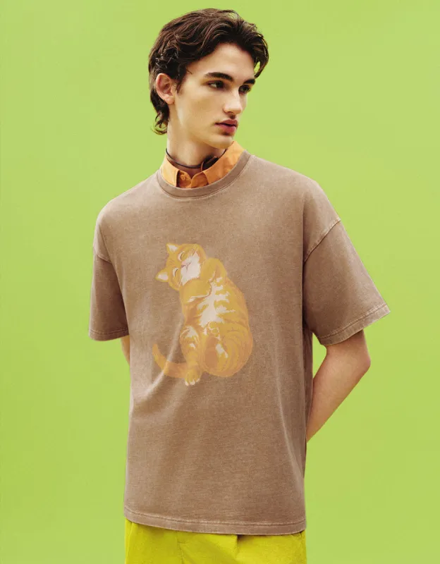 Cat Printed Crew Neck Loose T-Shirt sold by Urban Revivo