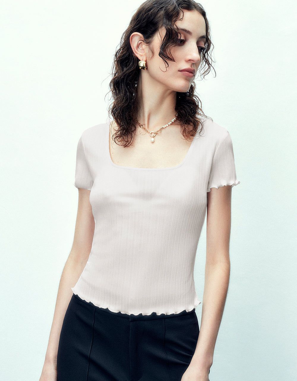 Shirred U Neck Skinny T-Shirt sold by Urban Revivo product image thumbnail 3