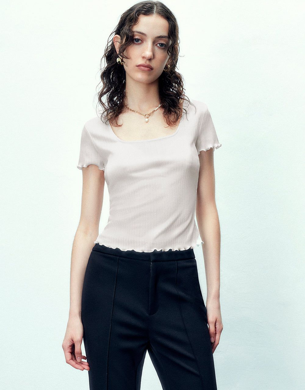 Shirred U Neck Skinny T-Shirt sold by Urban Revivo