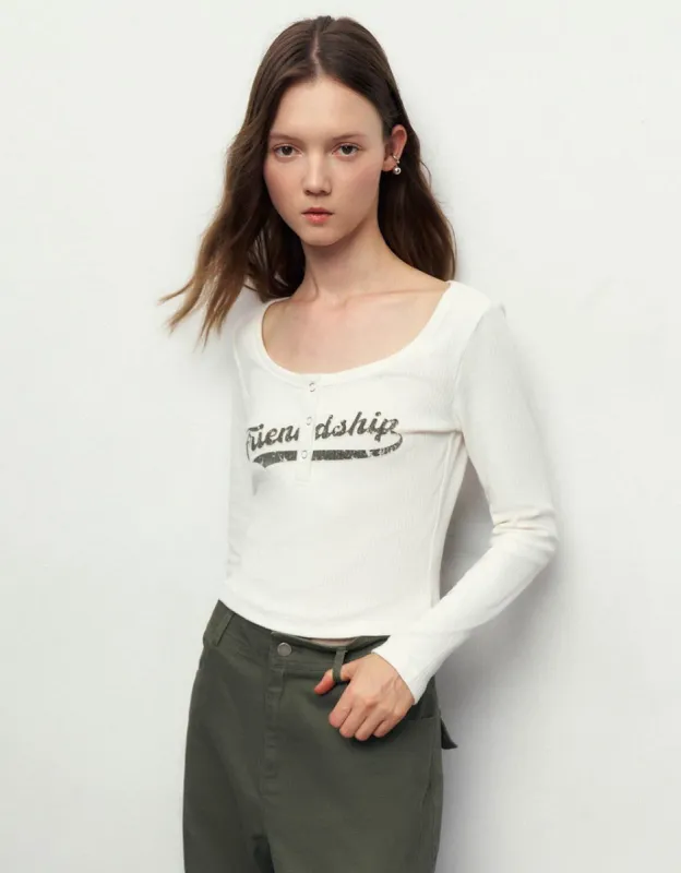 Letter Printed Crew Neck Skinny T-Shirt sold by Urban Revivo