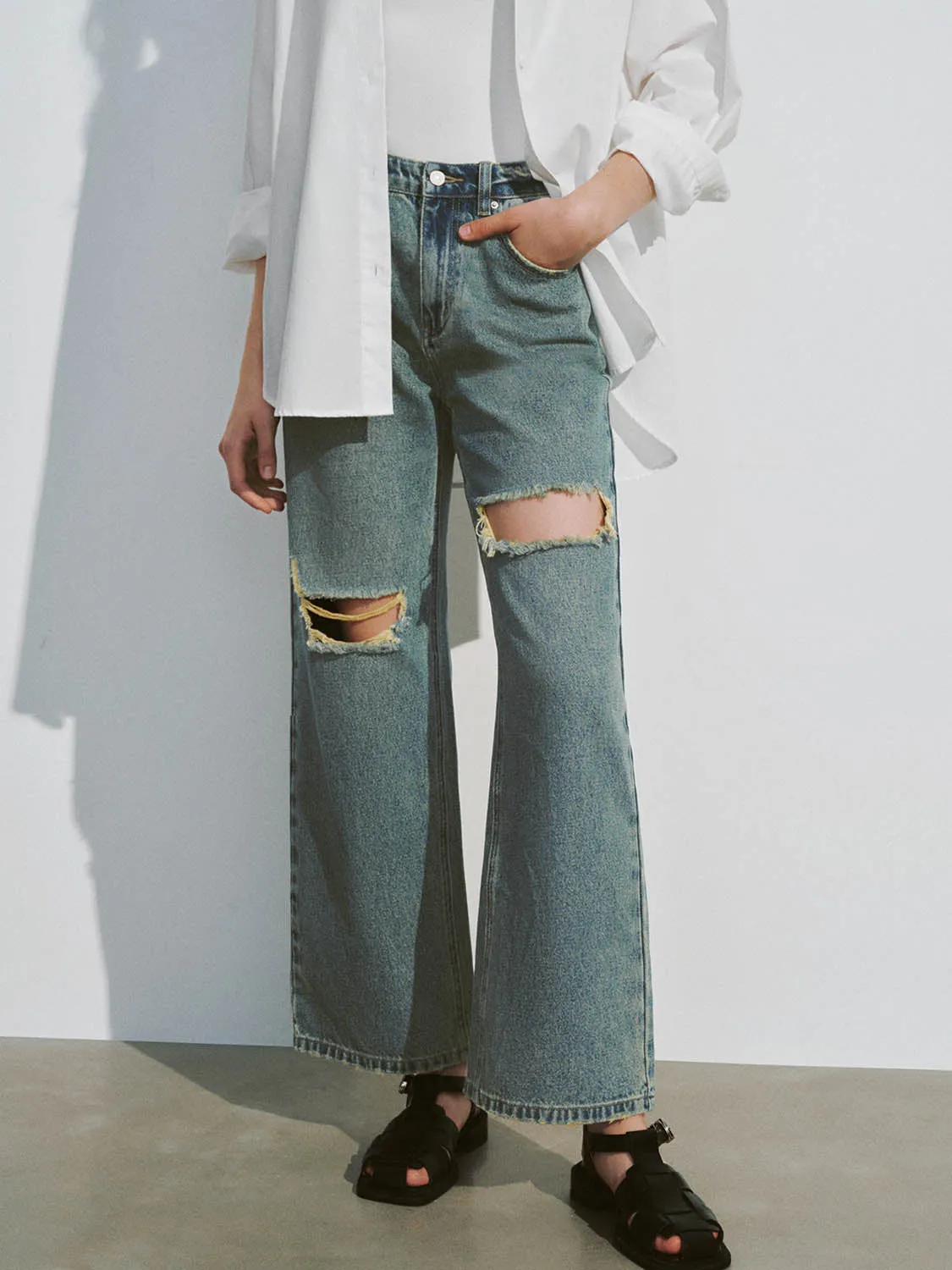 Ripped Wide-Leg Jeans sold by Urban Revivo product image thumbnail 2
