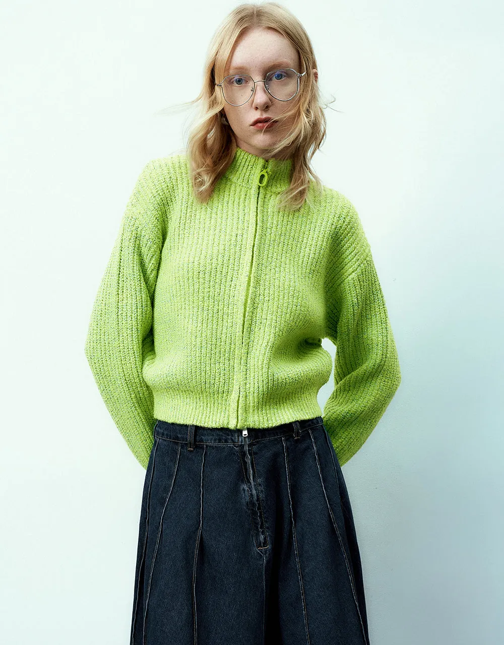 Zipper Front Crew Neck Knitted Cardigan sold by Urban Revivo