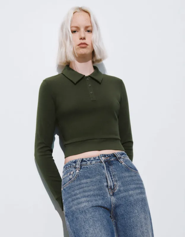 Button Half Placket Cropped Knitted T-Shirt sold by Urban Revivo