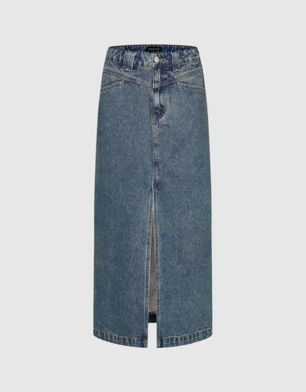 Split Hem Straight Denim Skirt sold by Urban Revivo