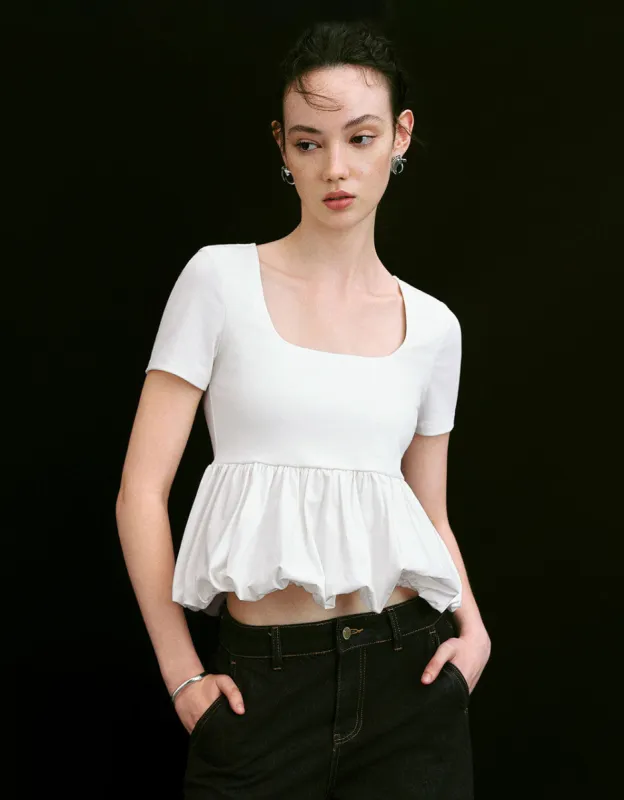 Bubble Hem U Neck Straight T-Shirt sold by Urban Revivo