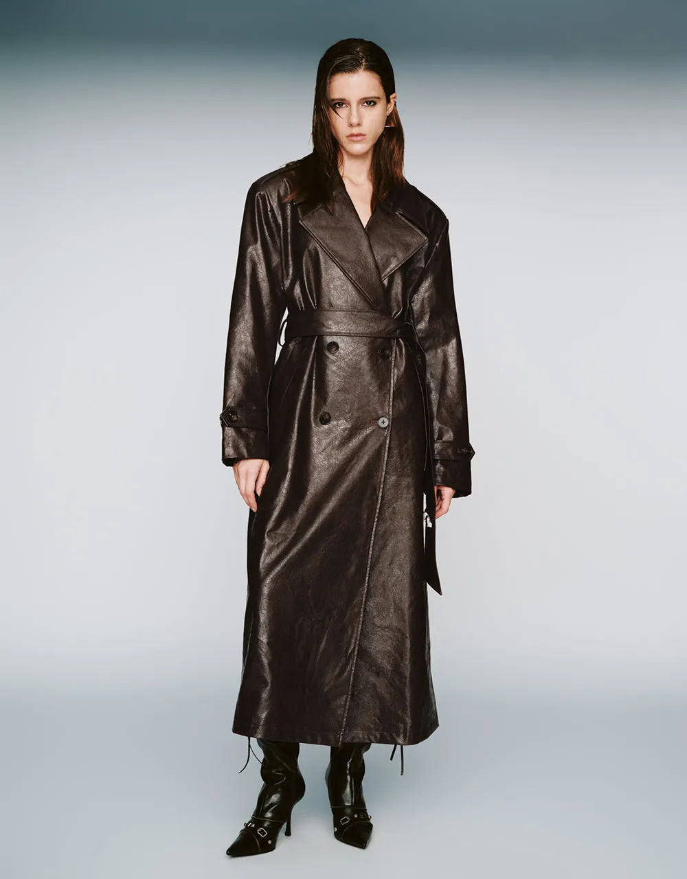 Longline Vegan Leather Trench Coat sold by Urban Revivo
