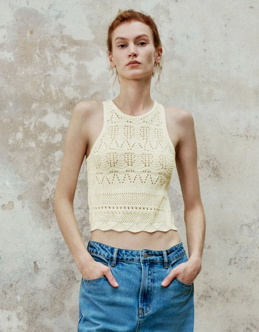 Crochet Crew Neck Knitted Tank Top sold by Urban Revivo