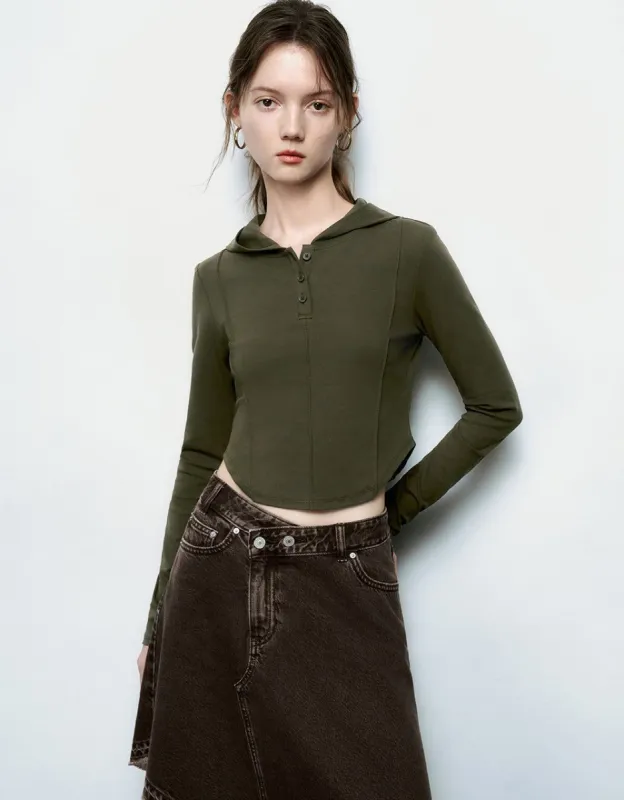 Button Half Placket Hooded Skinny Knitted T-Shirt sold by Urban Revivo