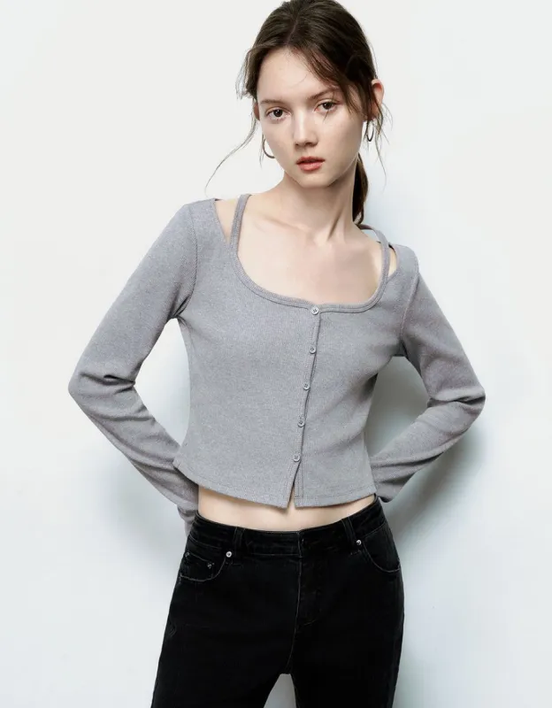 Cut-Out U Neck Skinny Knitted T-Shirt sold by Urban Revivo