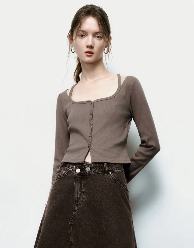 Cut-Out U Neck Skinny Knitted T-Shirt sold by Urban Revivo