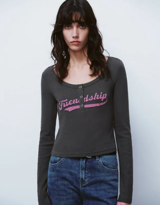 Letter Printed Crew Neck Skinny Knitted T-Shirt sold by Urban Revivo