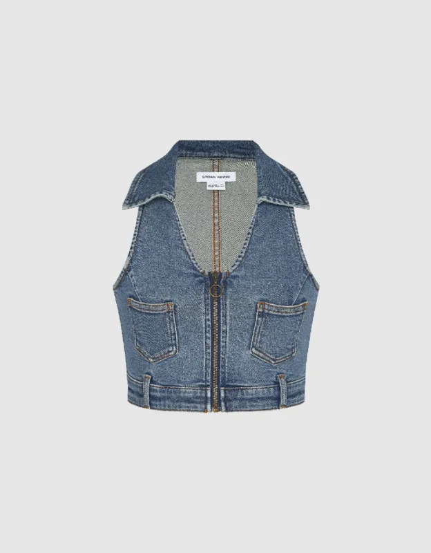 Halter Neck Lapel Denim Vest sold by Urban Revivo