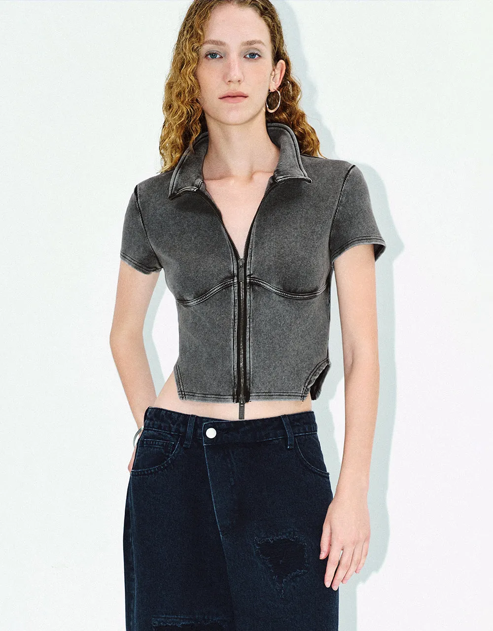 Zipper Front Stand Collar Knitted Shirt sold by Urban Revivo