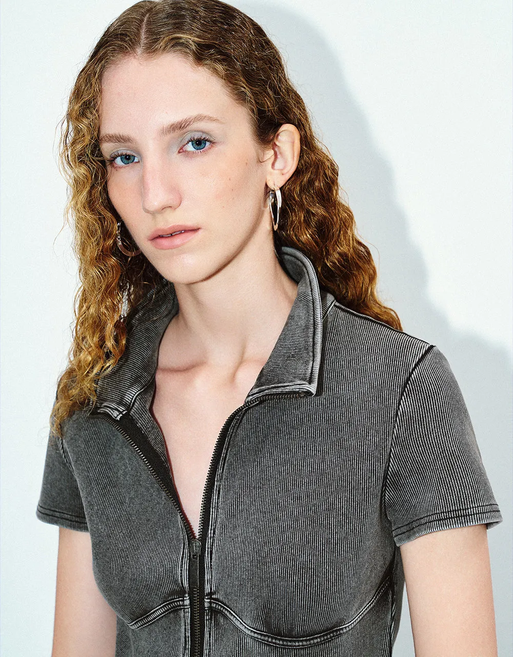 Zipper Front Stand Collar Knitted Shirt sold by Urban Revivo product image thumbnail 4