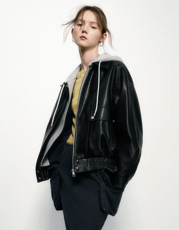 2 In 1 Hooded Vegan Leather Jacket sold by Urban Revivo