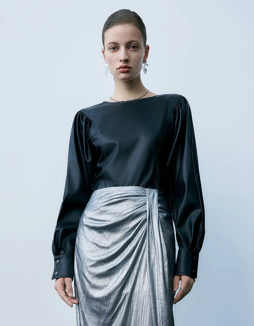 Puff Sleeve Vegan Leather Overhead Shirt sold by Urban Revivo