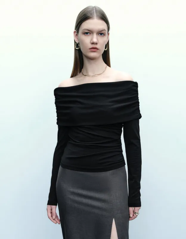 Ruched Off-Shoulder Skinny Knitted T-Shirt sold by Urban Revivo