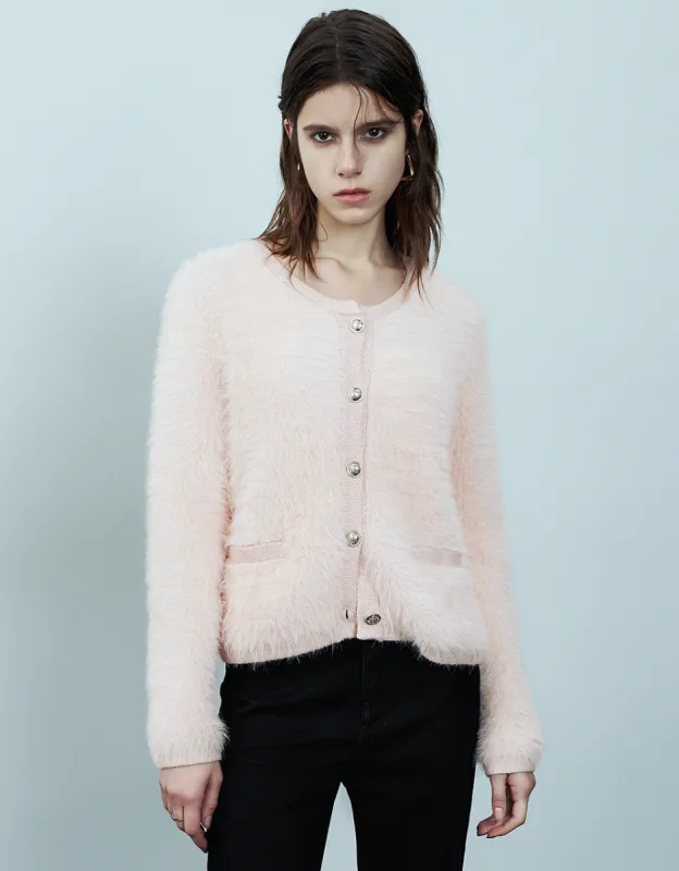 Crew Neck Furry Knitted Cardigan sold by Urban Revivo