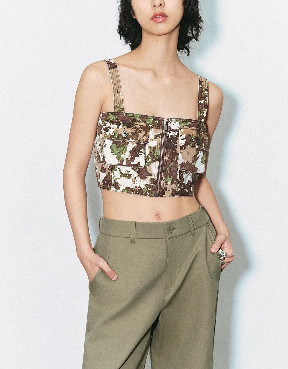 Zipper Front Sleeveless Camouflage Top sold by Urban Revivo product image thumbnail 2