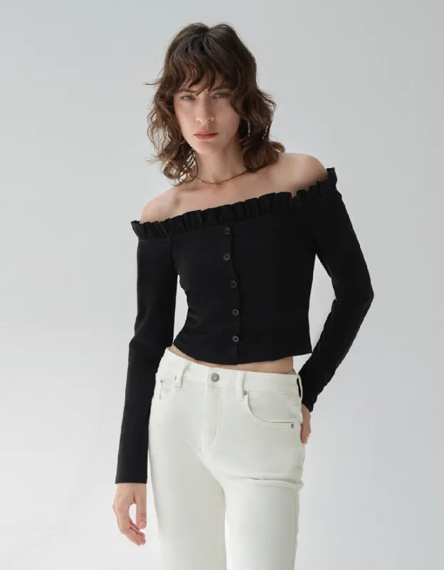 Frill Trim Off-Shoulder Skinny T-Shirt sold by Urban Revivo