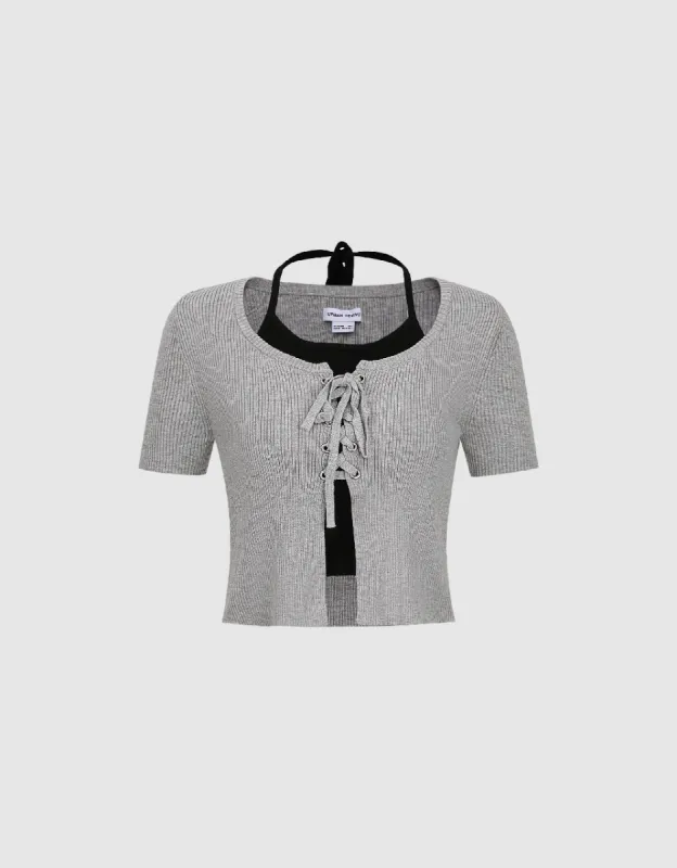 Halter Neck 2 In 1 Knitted T-Shirt sold by Urban Revivo