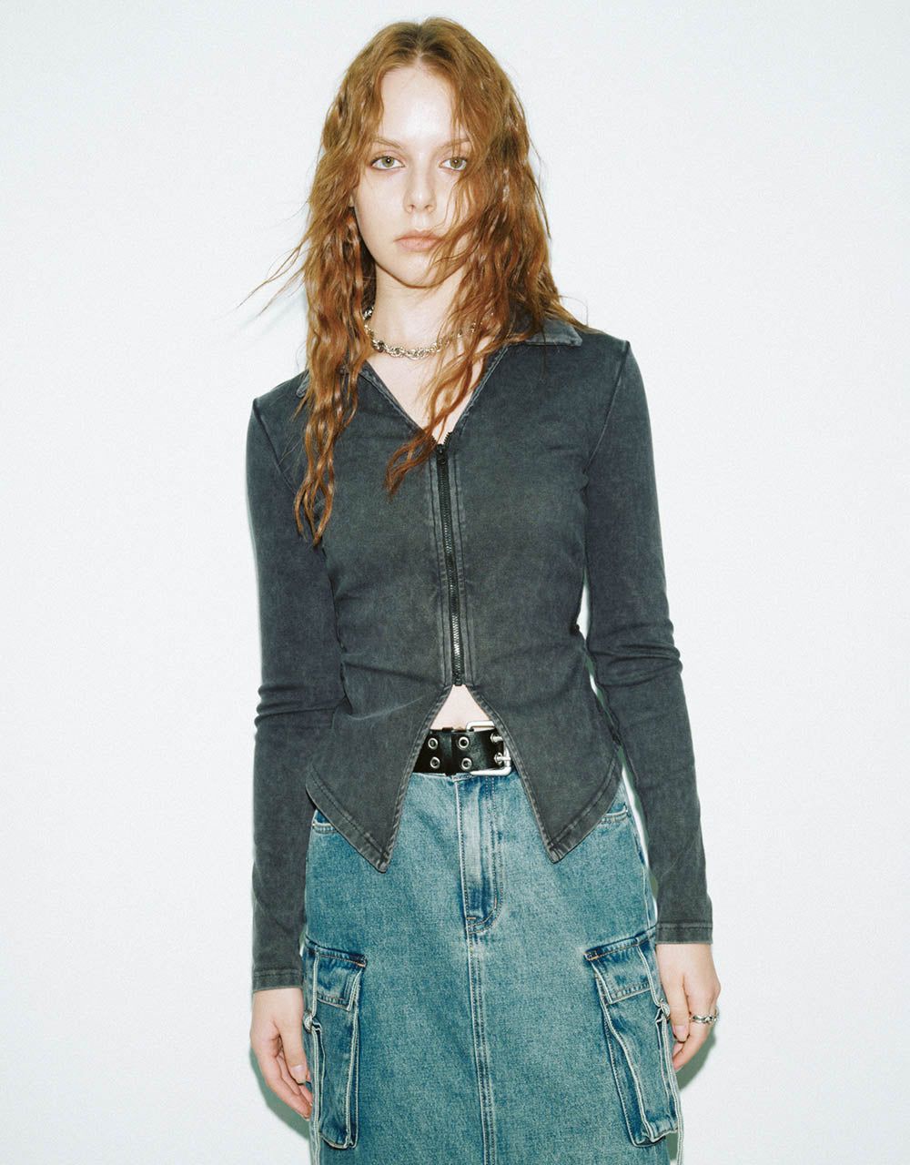 Zipper Front Knitted Skinny Shirt sold by Urban Revivo