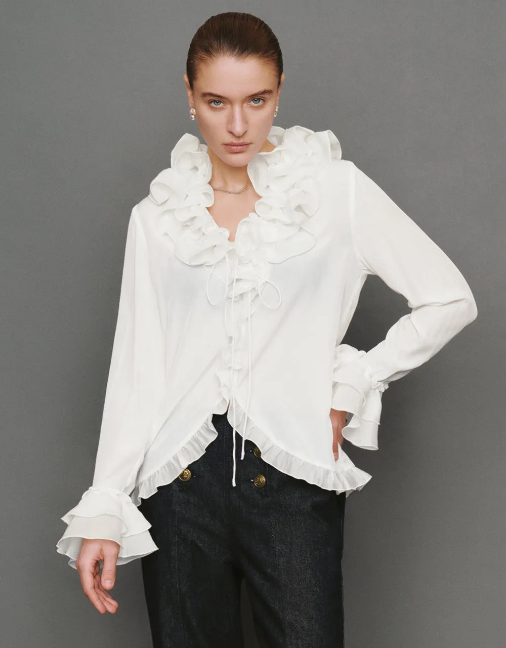 Ruffle V-Neck Tie Front Blouse sold by Urban Revivo