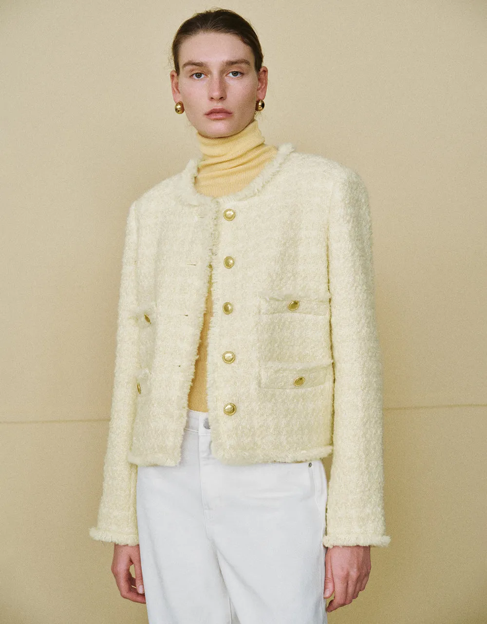 Raw Hem Crew Neck Tweed Wool Blend Jacket sold by Urban Revivo