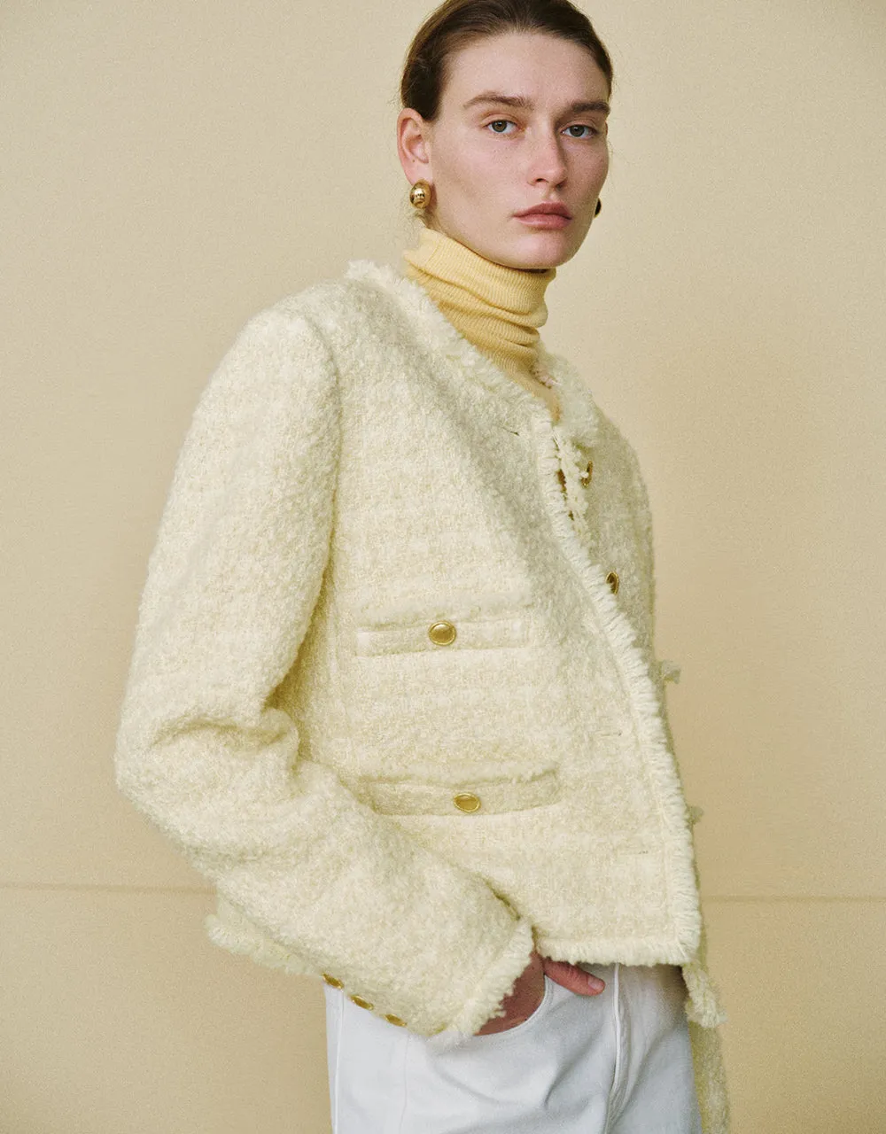 Raw Hem Crew Neck Tweed Wool Blend Jacket sold by Urban Revivo product image thumbnail 3