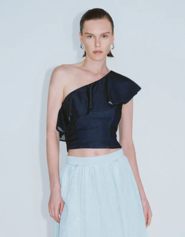 One Shoulder Ruffle Denim Shirt sold by Urban Revivo