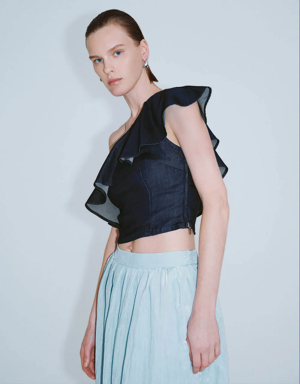One Shoulder Ruffle Denim Shirt sold by Urban Revivo product image thumbnail 2