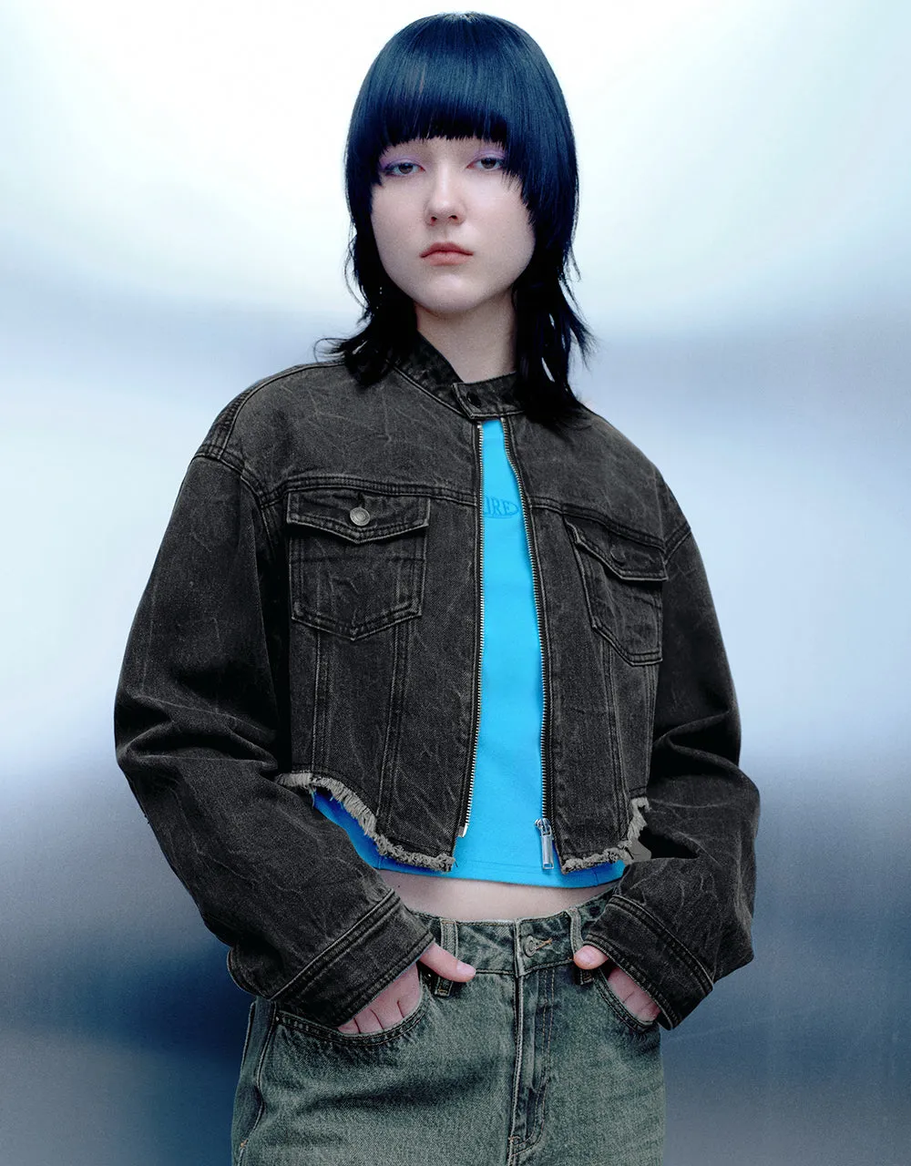 Raw Hem Zipper Front Denim Jacket sold by Urban Revivo