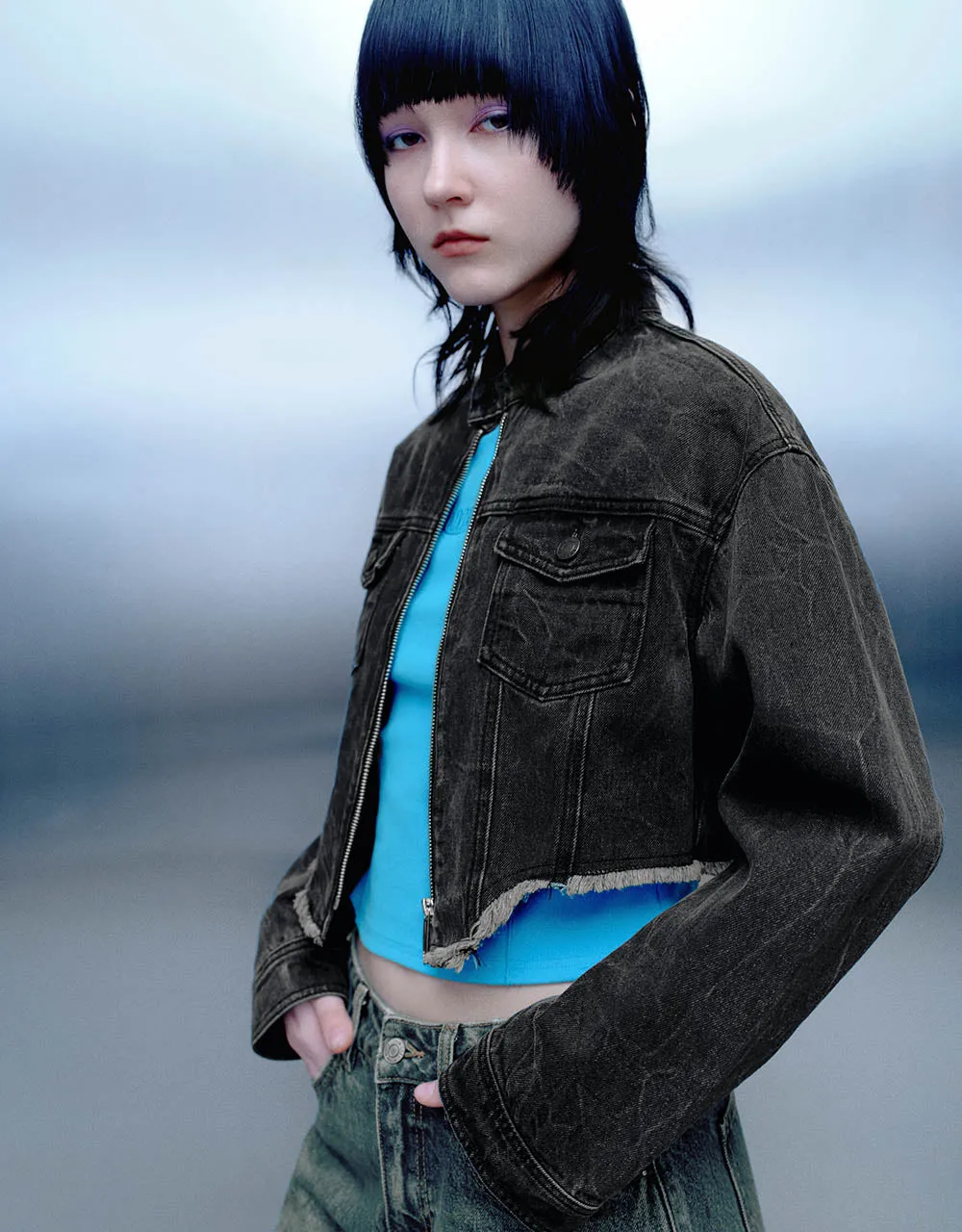 Raw Hem Zipper Front Denim Jacket sold by Urban Revivo product image thumbnail 3