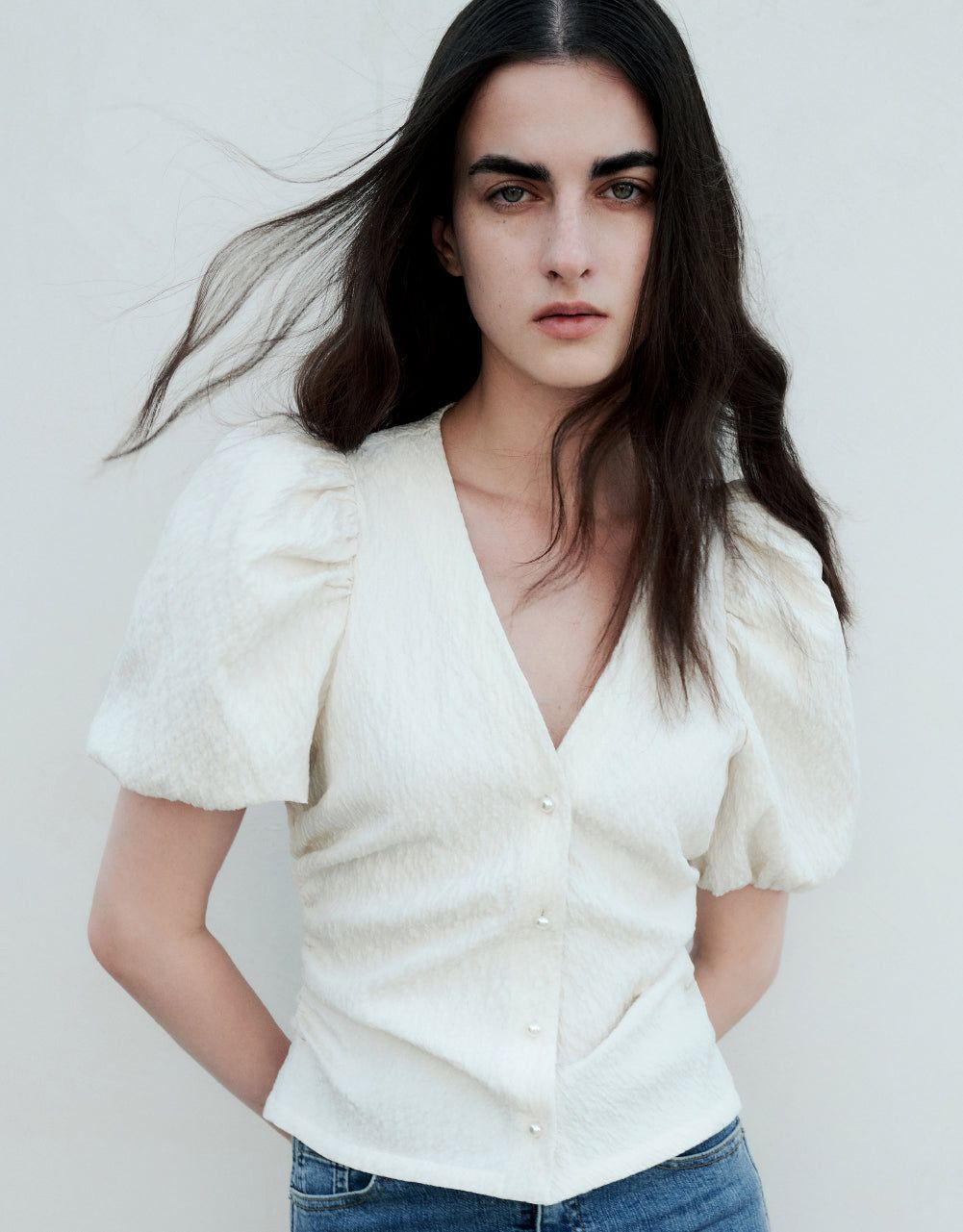 Textured Puff Sleeve V-Neck Shirt sold by Urban Revivo product image thumbnail 5