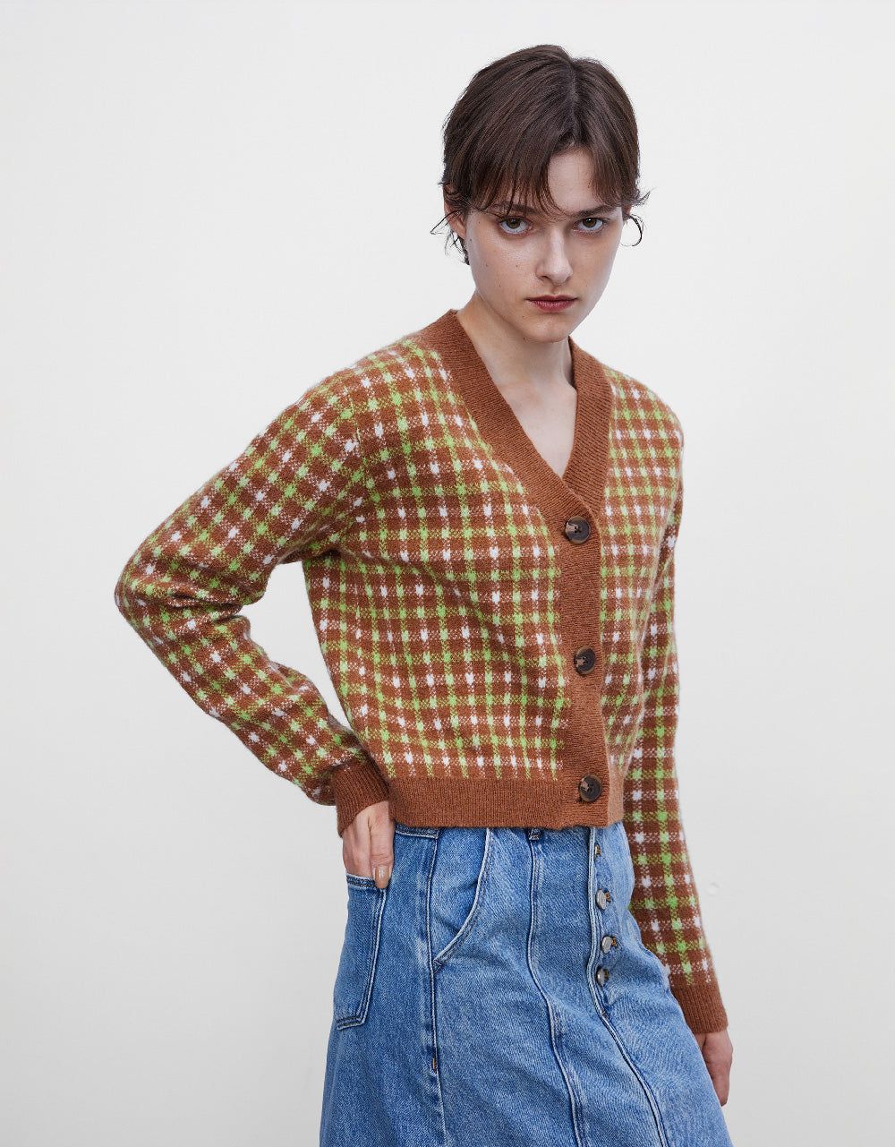 Plaid V-Neck Knitted Cardigan sold by Urban Revivo