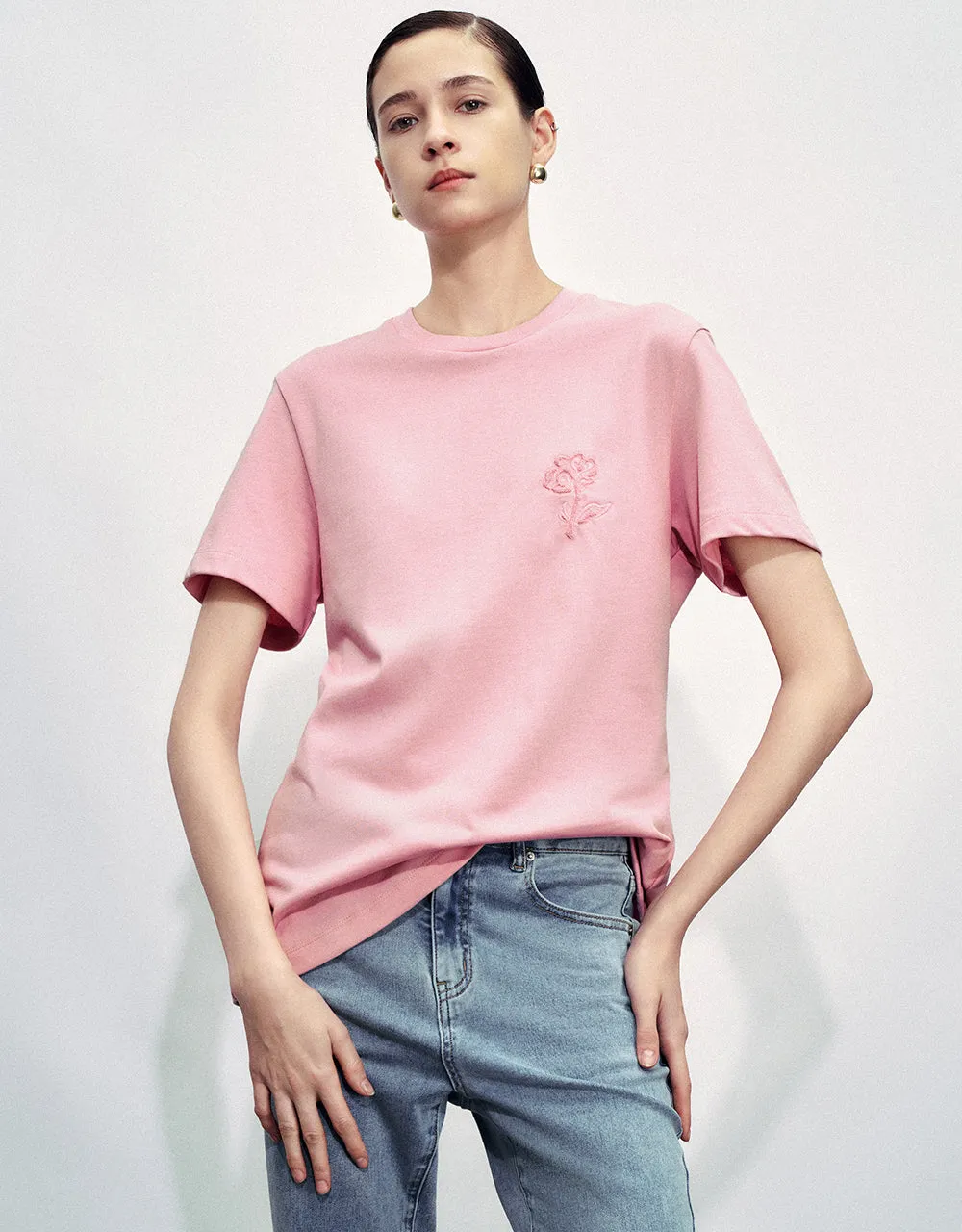Flower Embossed Crew Neck T-Shirt sold by Urban Revivo