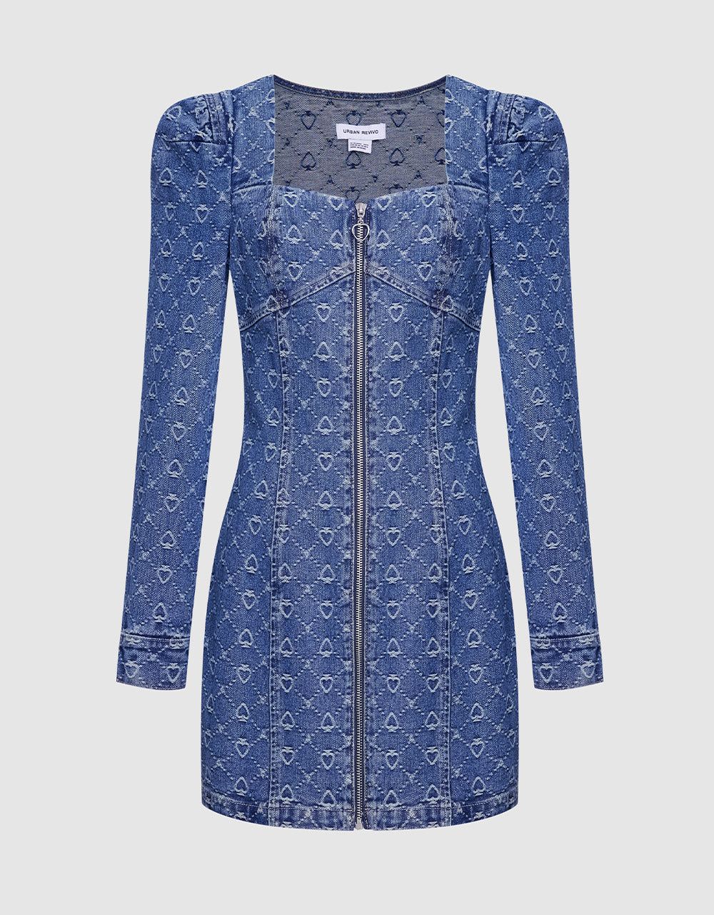 Zip Front Puff Sleeve Denim Dress sold by Urban Revivo