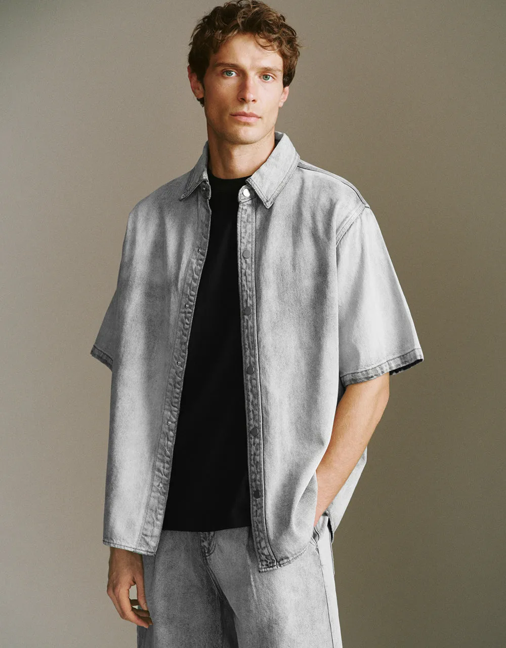 Press Button Loose Denim Shirt sold by Urban Revivo