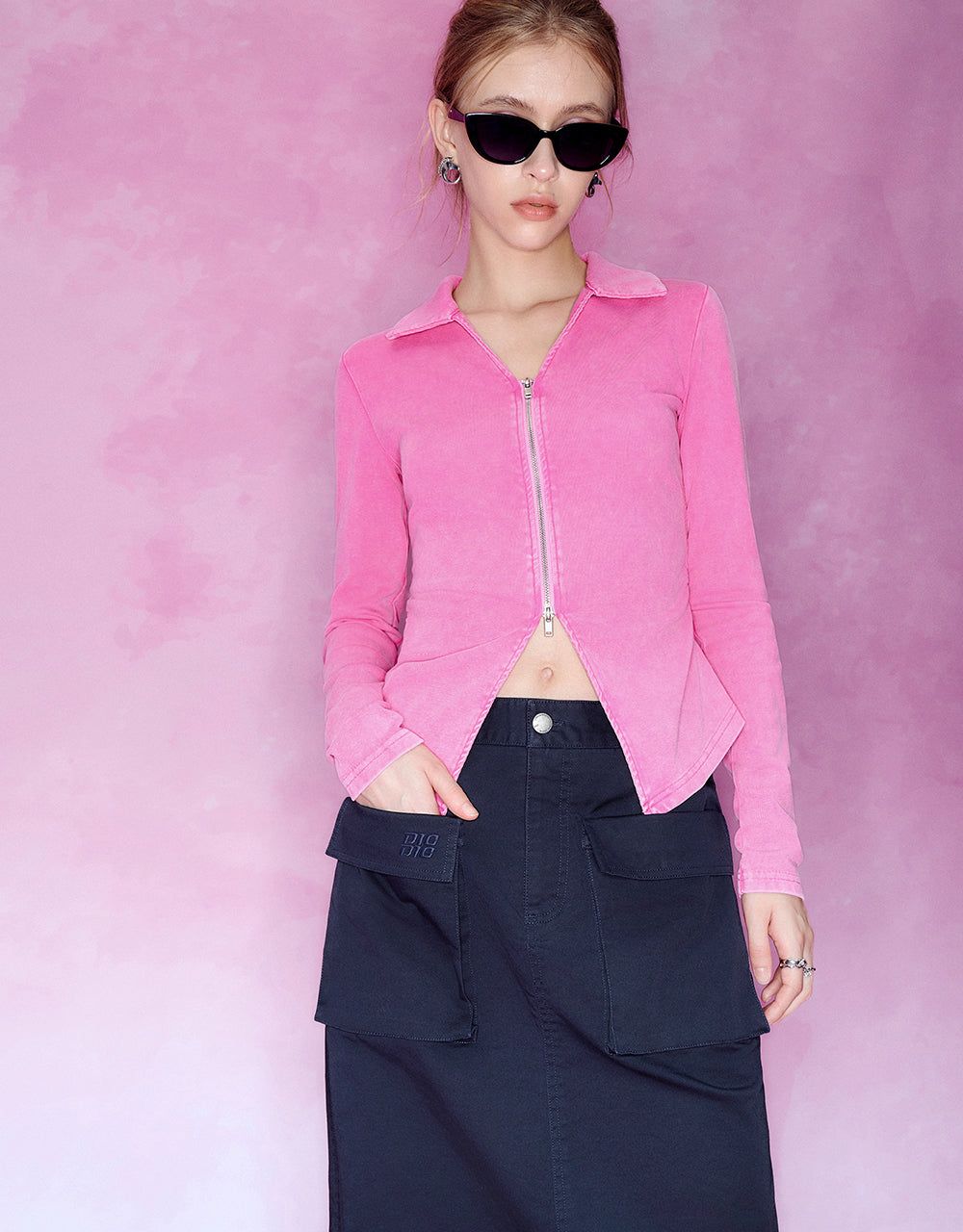 Zipper Front Knitted Skinny Shirt sold by Urban Revivo