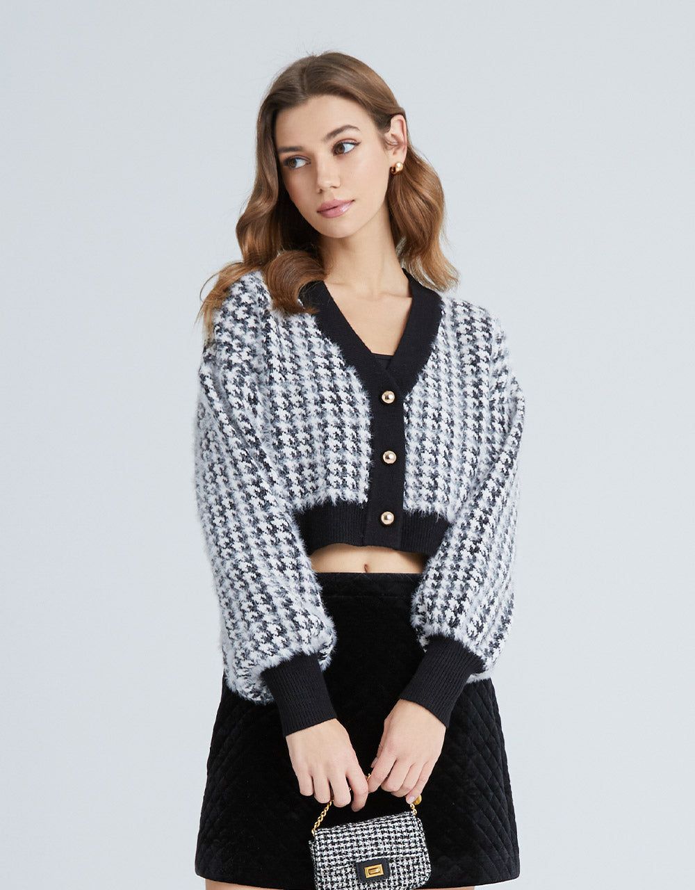 Fluffy Houndstooth Pattern Contrast Trim Cardigan sold by Urban Revivo